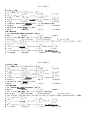 Bài tập bổ trợ Tiếng Anh Khối 10 - Unit 1 Family life
